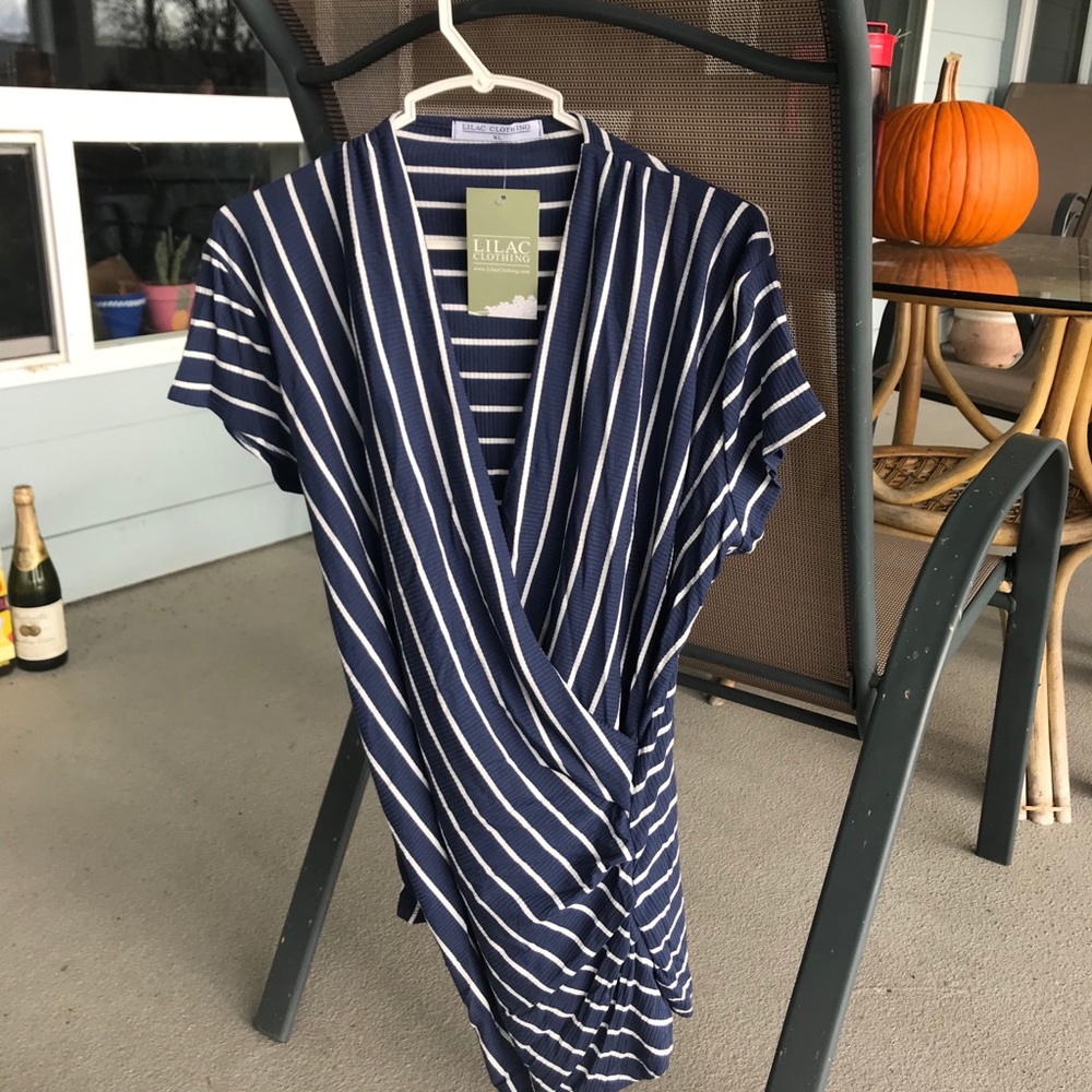 NEW Cross-Body Blouse Shirt Blue w/ White Stripe